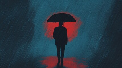 Wall Mural - a lone figure walking through a storm, their umbrella torn, but light begins to break through, symbo