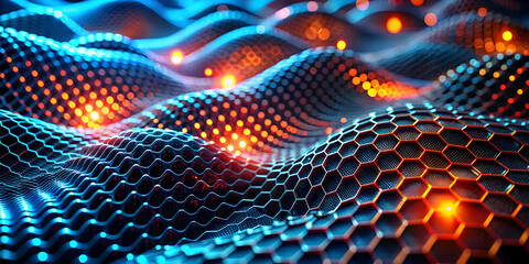 Poster - Abstract Digital Landscape: Glowing Waves of Hexagons: A mesmerizing abstract digital landscape composed of glowing orange waves of hexagons against a deep blue background. 