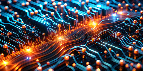 Poster - Abstract Circuitry: A mesmerizing abstract rendering of a circuit board, with glowing orange and blue lines, reflecting the intricate pathways of data flow, evoking a sense of technological advancemen