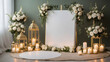 © Joesunt - Golden Glow Wedding Welcome: An elegant white welcome sign, adorned with white roses and illuminated by golden lanterns, awaits wedding guests in a serene setting.