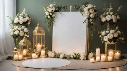 Golden Glow Wedding Welcome: An elegant white welcome sign, adorned with white roses and illuminated by golden lanterns, awaits wedding guests in a serene setting. 