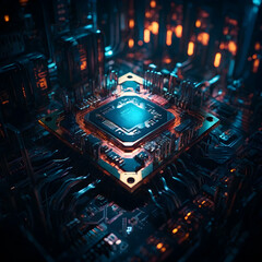 Poster - Cybernetic Heartbeat: A close-up on a CPU pulsating with energy, set against a backdrop of intricate circuitry bathed in neon light. Ideal for showcasing the power of modern computing and technology. 