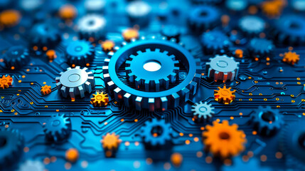 Poster - Futuristic Quality Improvement Concept with Gears and Circuit Board Illustrating Software Update Impact on System Efficiency and Performance
