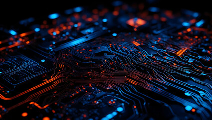 Poster - Digital Brain: A close-up shot of a motherboard, bathed in vibrant orange and blue light, revealing the intricate circuitry of modern technology. 