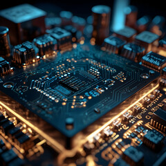 Poster - The Heart of Innovation: A close-up view of a glowing circuit board, showcasing the intricate details of a microchip.  A captivating depiction of technology, power, and the invisible world driving mod