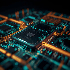 Poster - Digital Brain: Glowing circuitry of a motherboard in vibrant orange and blue, illustrating the intricate beauty and power of modern technology.  
