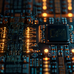 Poster - Digital Brain: Glowing circuitry of a motherboard in vibrant orange and blue, illustrating the intricate beauty and power of modern technology.  