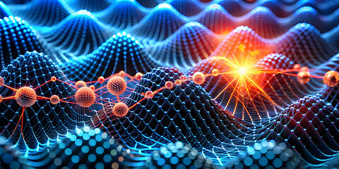 Poster - Quantum Leap: Abstract digital art, glowing orbs illuminate a mesmerizing web of interconnected nodes, representing the boundless potential of the digital world and the interconnectedness of informati
