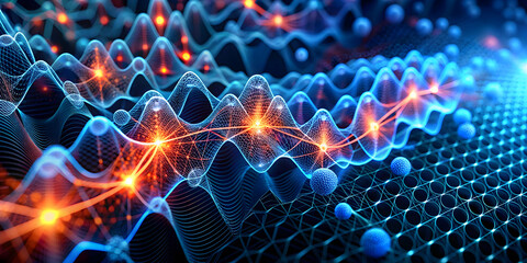 Poster - Quantum Leap: Abstract digital art, glowing orbs illuminate a mesmerizing web of interconnected nodes, representing the boundless potential of the digital world and the interconnectedness of informati