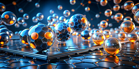 Poster - dancing molecules: a symphony of blue and orange spheres dance on a futuristic platform, reflecting 