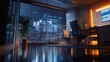 © fotofabrika - Modern office interior with a city skyline view featuring financial graphs at night