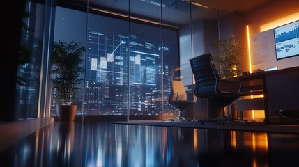 Poster - modern office interior with a city skyline view featuring financial graphs at night