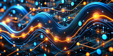 Poster - Digital Surge: A mesmerizing wave of data flows through a vibrant, glowing circuit board, symbolizing the power and speed of modern technology. 
