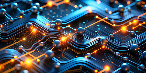 Poster - Digital Surge: A mesmerizing wave of data flows through a vibrant, glowing circuit board, symbolizing the power and speed of modern technology. 