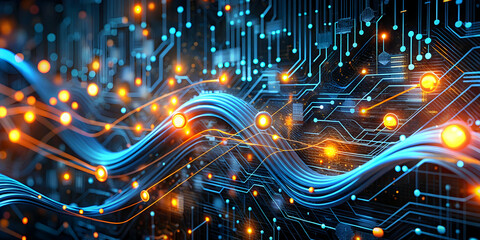 Poster - Digital Surge: A mesmerizing wave of data flows through a vibrant, glowing circuit board, symbolizing the power and speed of modern technology. 