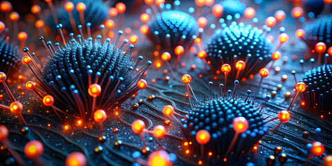 Poster - nano bloom: a vibrant microscopic world explodes with neon blue and orange, showcasing the intricate