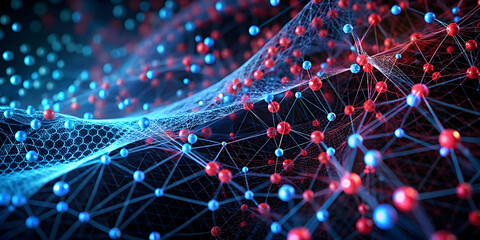 Poster - Quantum Network Symphony: A vibrant symphony of interconnected nodes, rendered in fiery reds and cool blues, pulses with the energy of data flow and technological advancement. 
