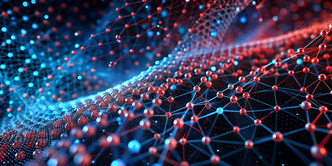 Poster - Quantum Network Symphony: A vibrant symphony of interconnected nodes, rendered in fiery reds and cool blues, pulses with the energy of data flow and technological advancement. 