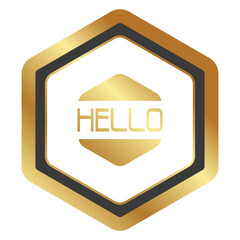 HELLO message sign, gold gradient, hexagonal shape on a white background.