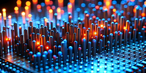 Poster - Cyber Metropolis: A futuristic cityscape rises from a glowing circuit board, pulsating with energy and data in this abstract digital art piece. 