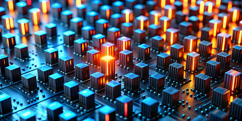 Poster - Cyber Metropolis: A futuristic cityscape rises from a glowing circuit board, pulsating with energy and data in this abstract digital art piece. 