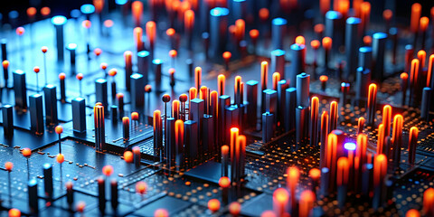 Poster - Cyber Metropolis: A futuristic cityscape rises from a glowing circuit board, pulsating with energy and data in this abstract digital art piece. 