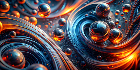 Poster - Cosmic Symphony: A mesmerizing fractal art piece depicting a vibrant tapestry of metallic orbs intertwined with glowing tendrils, evoking a sense of cosmic energy and intricate interconnectedness. 