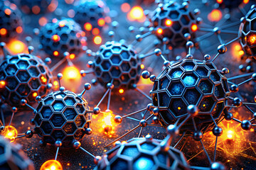 Poster - nanotechnology fusion: a network of intricately designed, metallic nano-structures with glowing oran