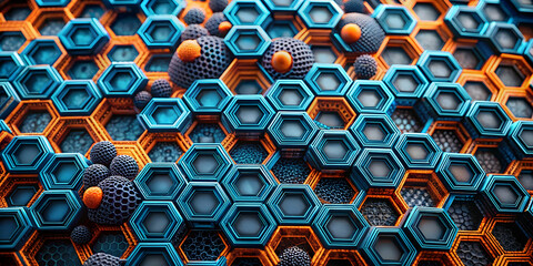 Poster - Hexagon Abstract: A mesmerizing abstract 3D design featuring a mesmerizing arrangement of blue and orange hexagons and spheres. The intricate pattern creates a sense of depth and dimensionality. The c