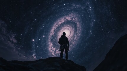 Wall Mural - Starry Night Sky with Silhouetted Hiker Gazing at Milky Way Galaxy