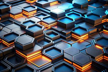 Poster - Cybernetic Hive: Metallic hexagons glow with vibrant blue and orange light, forming an intricate and futuristic technological background. 