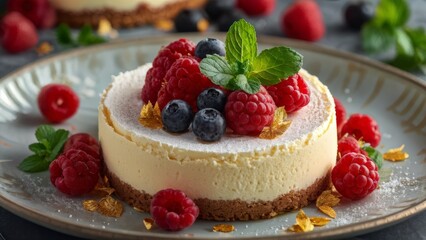 Wall Mural - An exquisite cheesecake dessert with fresh berries, mint leaves and gold leaf inserts.