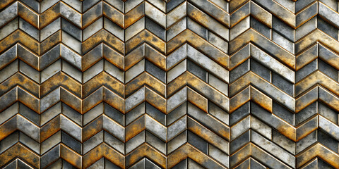 Poster - Metallic Intricate Pattern: A seamless texture of interlocked metallic squares and diamonds, featuring a worn, aged, and distressed finish.  The intricate design evokes a sense of strength and sophist