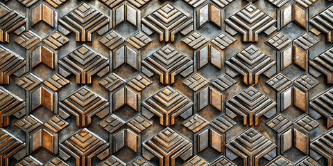 Poster - Metallic Intricate Pattern: A seamless texture of interlocked metallic squares and diamonds, featuring a worn, aged, and distressed finish.  The intricate design evokes a sense of strength and sophist
