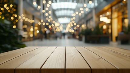 Canvas Print - Wooden Tabletop with Blurred Background of a Modern Shopping Mall