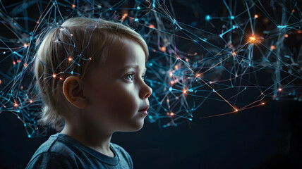 Poster - Child of the Digital Age: A young boy gazes intently forward, his mind ablaze with a network of glowing connections, symbolizing the boundless potential of technology and the future of learning. 