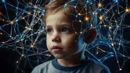Poster - Child of the Digital Age: A young boy gazes intently forward, his mind ablaze with a network of glowing connections, symbolizing the boundless potential of technology and the future of learning. 