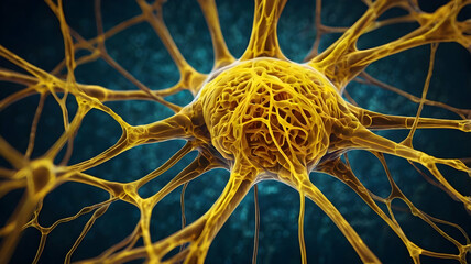 Poster - the golden labyrinth: a 3d render of a neuron, highlighting its intricate structure and the complex 