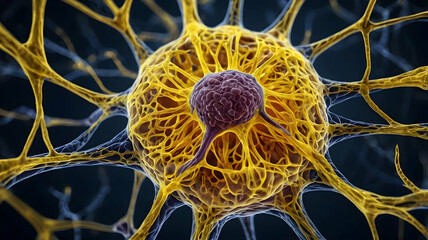 Poster - the golden labyrinth: a 3d render of a neuron, highlighting its intricate structure and the complex 