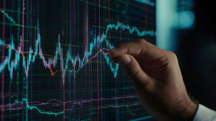 Poster - Hand Tracing Data Trends: A close-up shot of a hand tracing the rise and fall of a financial chart, symbolizing the constant ebb and flow of the market. The dark background creates a sense of focus on