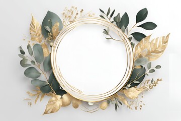 luxurious botanical gold wedding frame elements on white background include circle shapes, glitters,