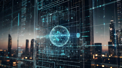Poster - Global Network: A futuristic cityscape skyline with a glowing digital globe at the center, illustrating the interconnectedness of the world through technology.  
