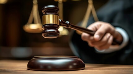 Gavel of Justice Closeup of a wooden gavel held by a judge, with a blurred background of scales of justice, signifying the power of the law. ,law ,justice ,courtroom