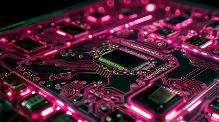 Wall Mural - Cyberpunk Circuitry: A neon-lit circuit board glows with vibrant pink hues, revealing the intricate details of modern technology. 