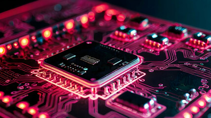 Poster - Cyberpunk Circuitry: A neon-lit circuit board glows with vibrant pink hues, revealing the intricate details of modern technology. 