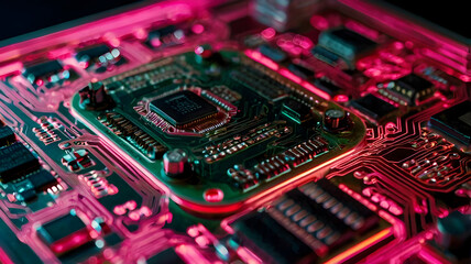 Poster - Cyberpunk Circuitry: A neon-lit circuit board glows with vibrant pink hues, revealing the intricate details of modern technology. 