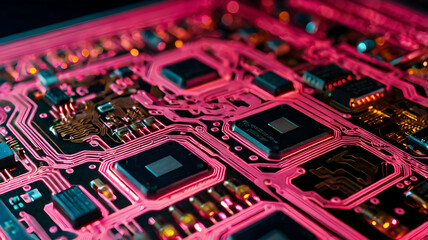Poster - Cyberpunk Circuitry: A neon-lit circuit board glows with vibrant pink hues, revealing the intricate details of modern technology. 
