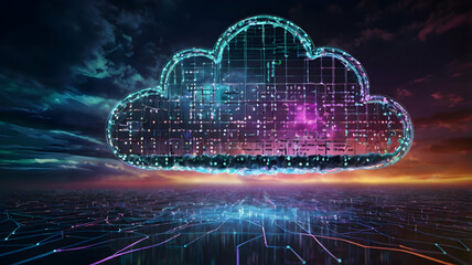 Poster - Cloud Computing: A futuristic, abstract image of a cloud filled with complex circuits and glowing with light, symbolizing the interconnectedness and power of cloud technology.  