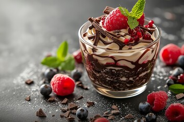 Decadent dessert featuring layers of chocolate, cream, and fresh berries, carefully presented in an elegant glass with mint garnish.