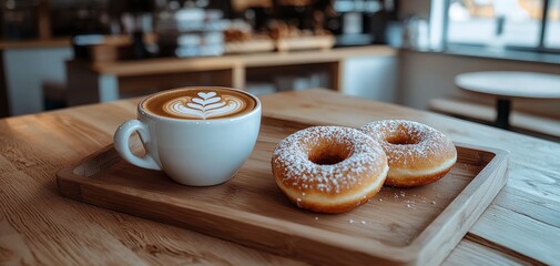 A cup of latte art and two powdered donuts on a wooden tray closeup perspective warm light